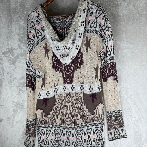 Indie Boho Free People Hooded Duster Cardigan Burgundy Knit Star Long Sweater S - Picture 4 of 8